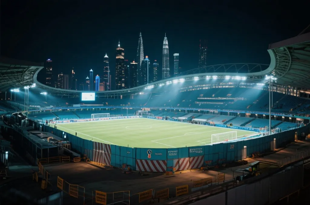 世界杯筹备中的城市球场夜景与施工升级场景
